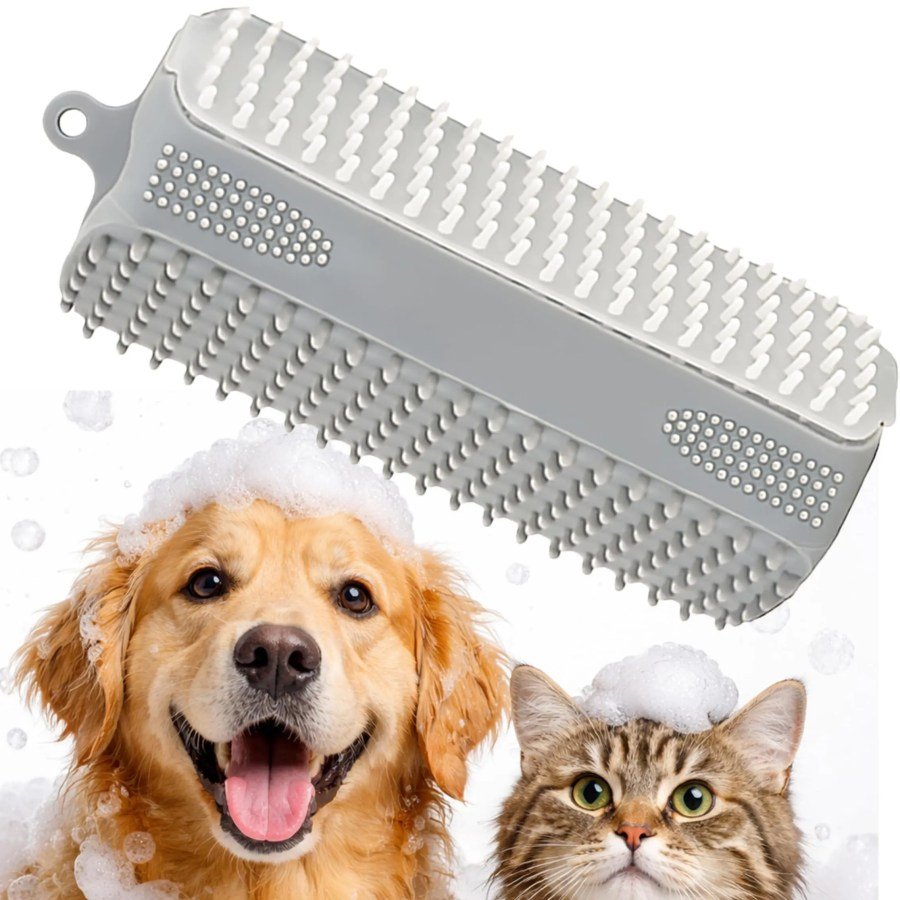 Grey triangular silicone pet grooming and bath brush with dog and cat