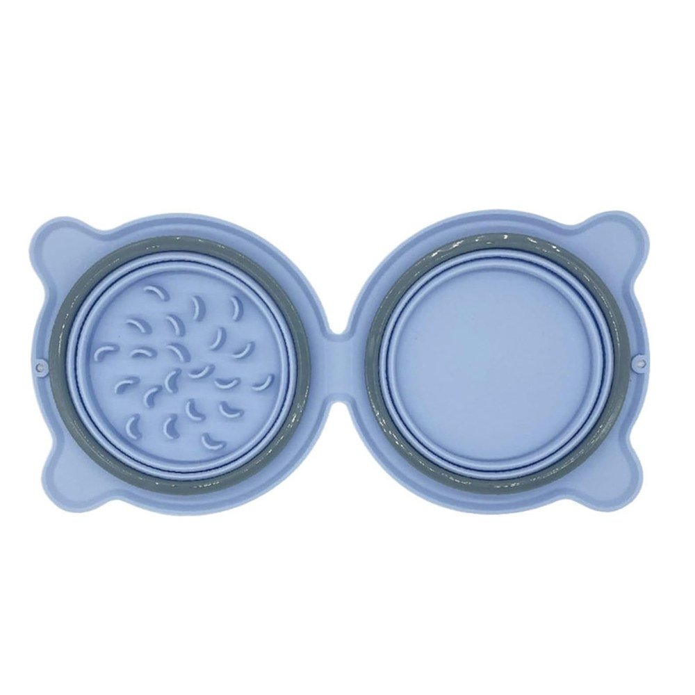 Pink collapsible double silicone pet feeder with slow-feeder insert